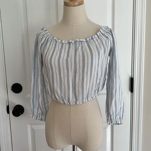 Light blue and white striped off the shoulders top